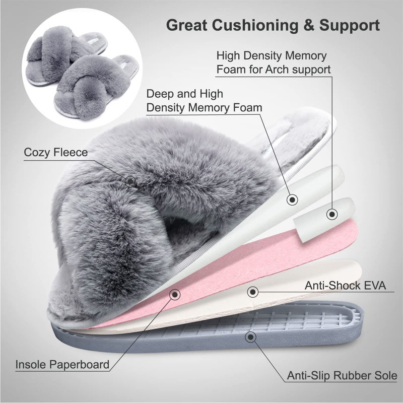 JIASUQI Women's Cross Band Fuzzy House Slippers Soft Plush Furry Faux Fur House Indoor Outdoor Slippers for Women Grey 8-9 - Image 4